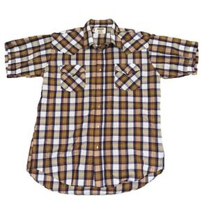 Vintage Ruddock Men's Western Pearl Snap Shirt XL 2XL ?See Measurements Tan Blue